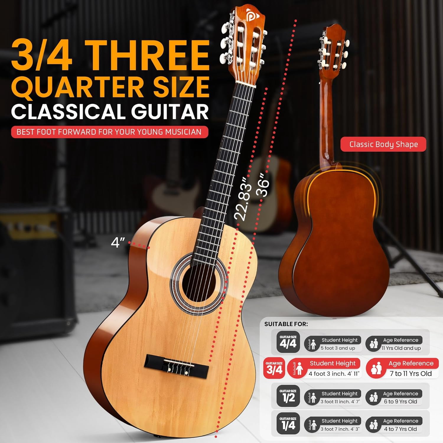 Pyle Left-Handed 3/4 Size Beginner Acoustic Guitar Kit – 36” All Wood Junior Guitar with Case, Strap, Picks, Tuner App & 2-Month Lessons (Natural Gloss)