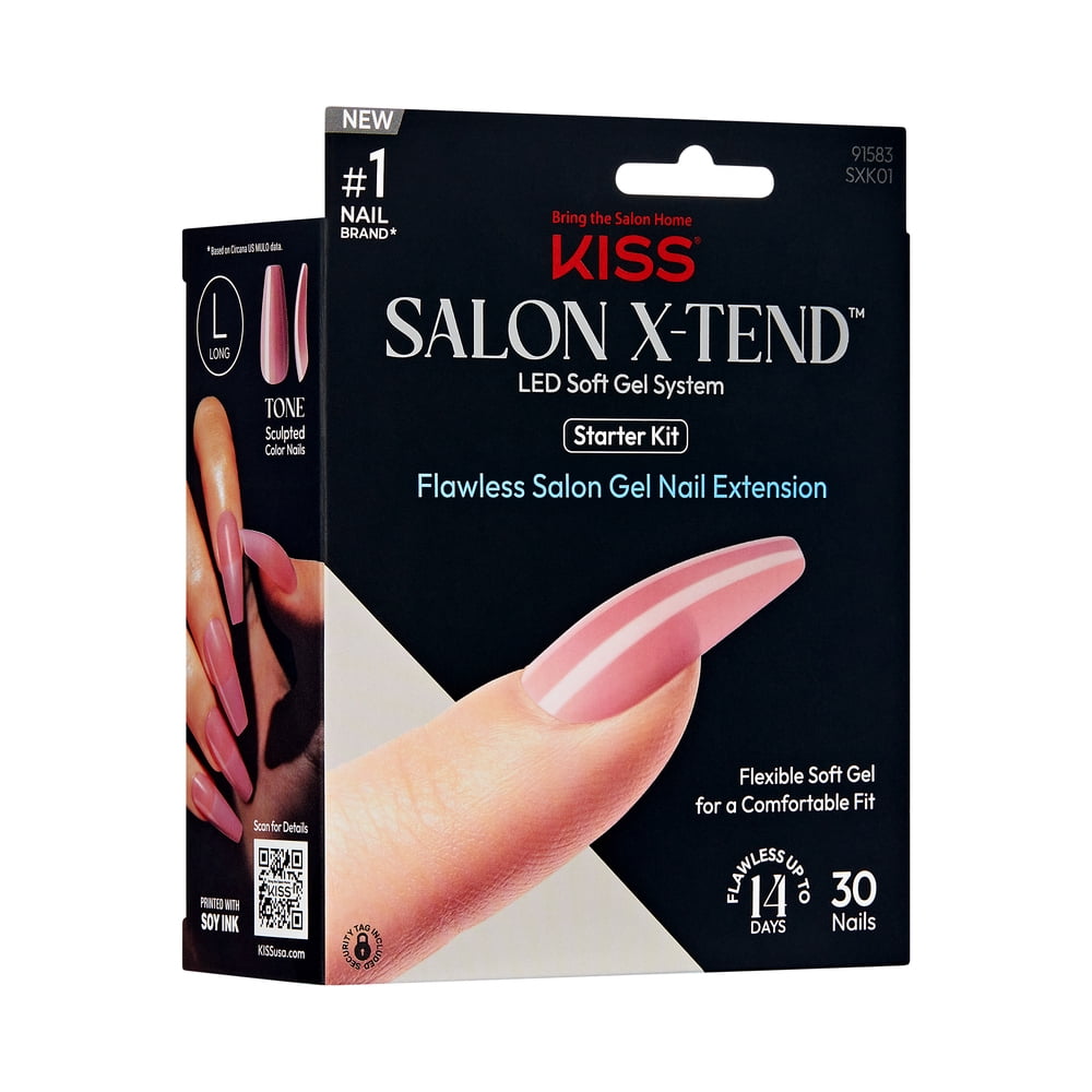 Kiss Salon X-tend LED Gel Nail Kit, 'Tone', Pink, Long Coffin, 30 Press On Nails