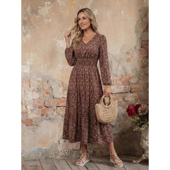 Brown Floral Print Long Sleeve Dress For Women, V-Neck Smocked Waist