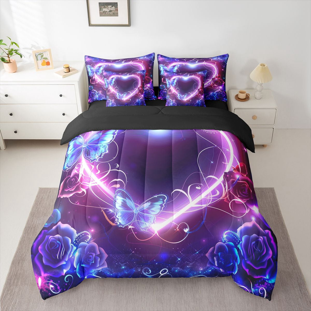 Homewish Kawaii Butterfly 7-Piece Bedding Comforter Set,3D Chic Flower King Bedding Sets,Pink Purple Bed Sheets For Men Women,Super Cozy Room Decor Reversible