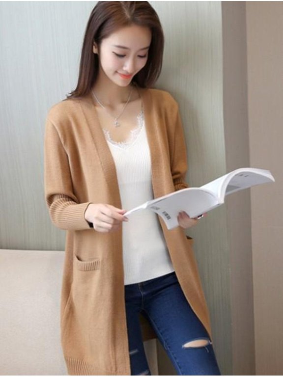Womens Mid Length Open Cardigan with Pockets