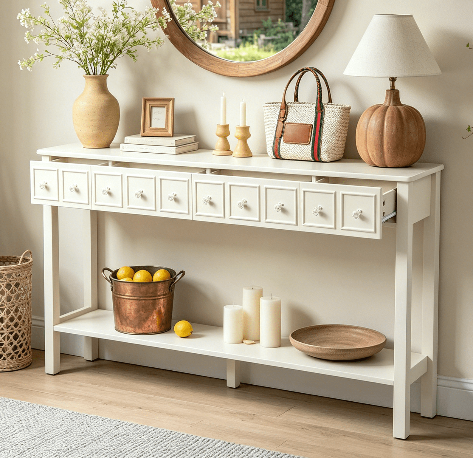 Ktaxon 60" Long Console Table with Storage for Entryway, Narrow Sofa Tablewith 4 Drawers and Storage Shelf, Multifunctional TV Table for Living Room, Hallway, Foyer, Antique White