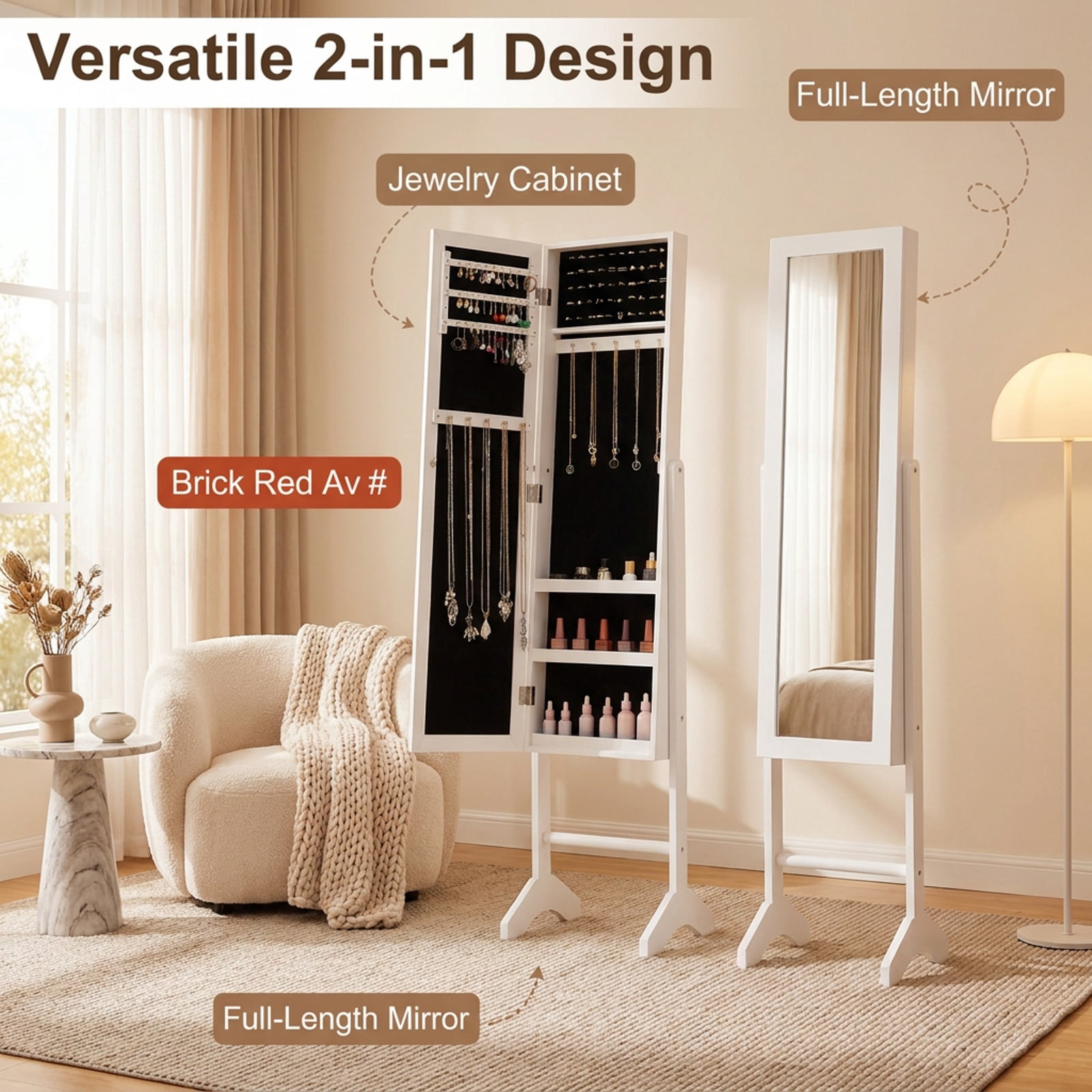 Furnibear Freestanding Jewelry Armoire with Velvet Lining and Full Length Mirror for Bedroom Dressing Room Jewelry Necklace Rings Storage, White