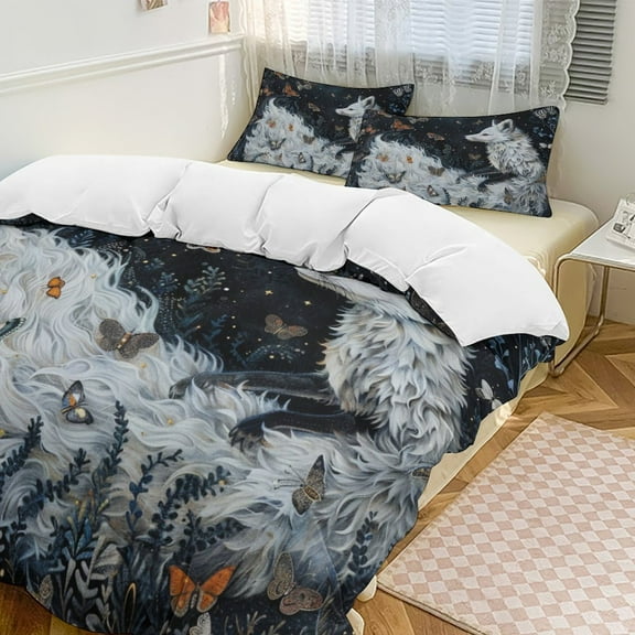 Nine Tailed Fox Chasing Butterfly Duvet Cover Set King Size for Bedroom Decoration Print Bedding Set Comforter Cover Decorative Microfiber with 2 Pillow Sham Multicolor
