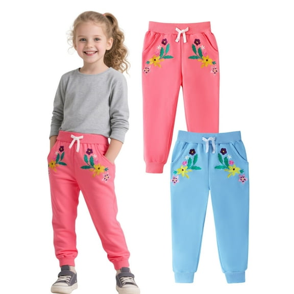 HILEELANG Toddler Girls(Age:12M-7Y) Cotton Joggers Sweatpants Floral Embroidery Drawstring Waist and Pockets-Pink Blue Casual Athletic Pants for Kids 3T
