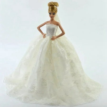 White Gorgeous Bridal Gown with Veil for Doll