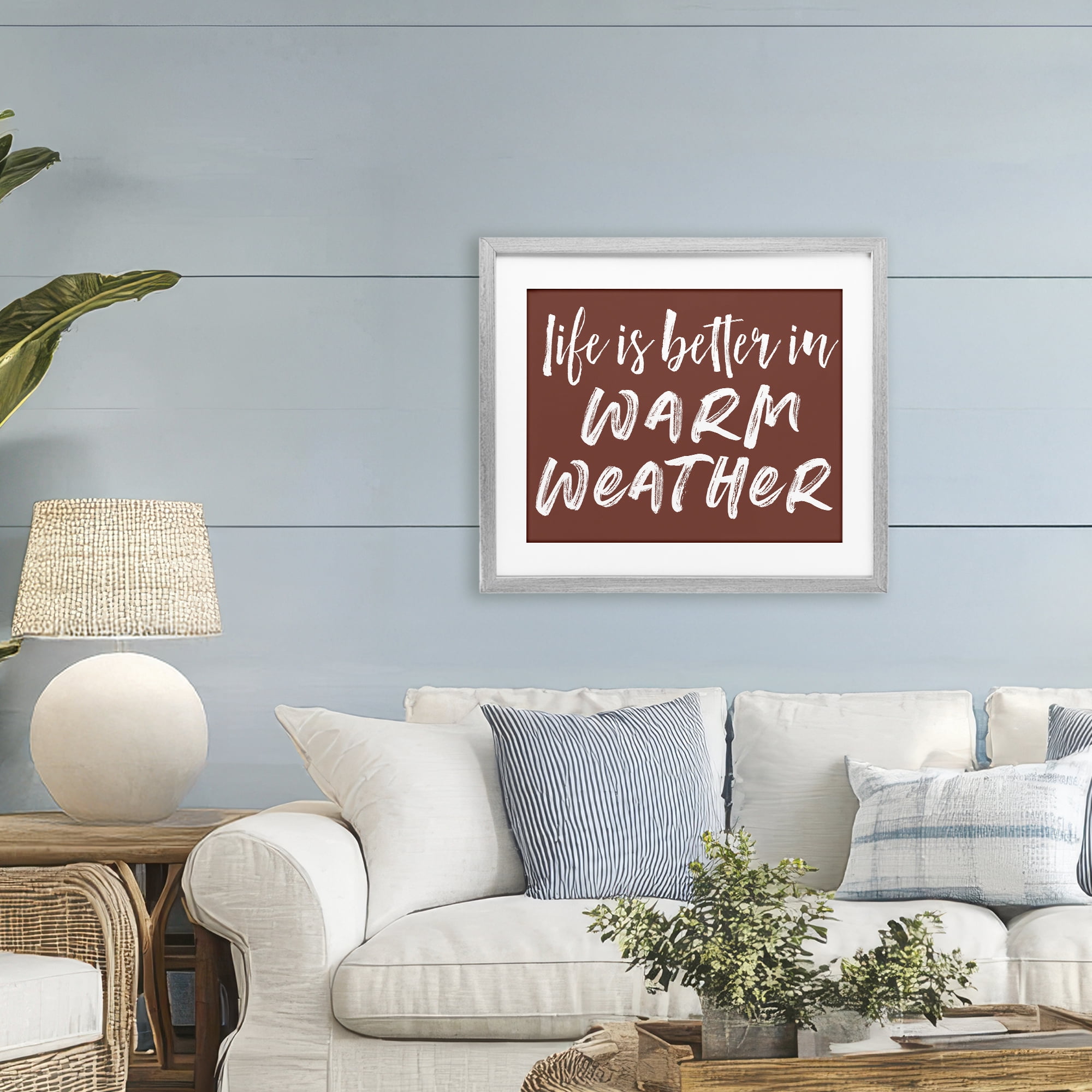 Life Is Better In Warm Weather Gray Framed Print Under Glass, design by Lettered and Lined