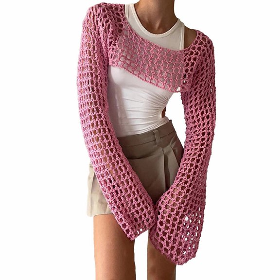 Women Swimwear Cover-Ups Over Long Sleeve Crochet Shirt Solid Color Bathing Suit Coverup Crop Top Pink,M
