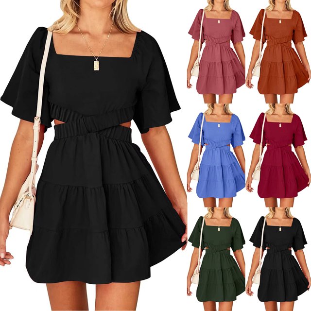Gspmoly Robes d'Été pour Femmes 2025, Mode Femmes Robe d'Été à Encolure Carrée Unie Décontractée à Manches Courtes Mini Robe Robes de Cocktail Soldes d'Été Liquidation