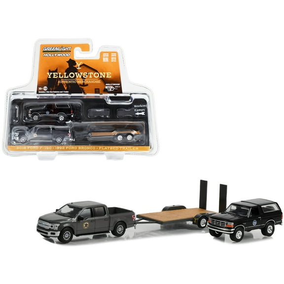 2018 Ford F-150 Truck Gray w/1992 Bronco Black and Trailer "Yellowstone" (2018-Current) TV 1/64 Diecast Model Cars by Greenlight