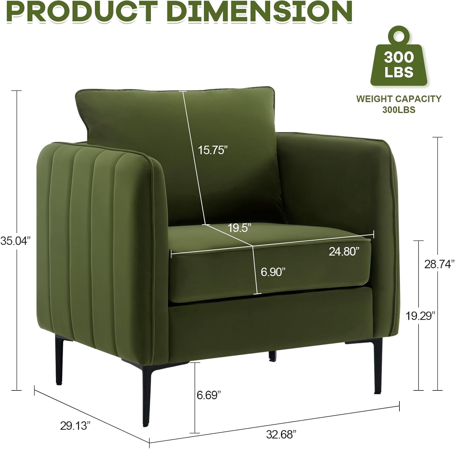 Aukfa Velvet Accent Chair with Channel-Tufted Arms, Modern Single Sofa Chair with Pillow & Metal Legs for Living Room & Bedroom,Olive Green