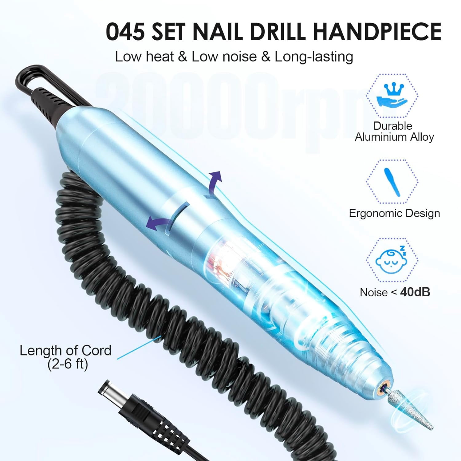 COSITTE 20,000 RPM Electric Nail Drill Set, Acrylic/Gel Remover, Home/Salon Manicure-Glacier Blue
