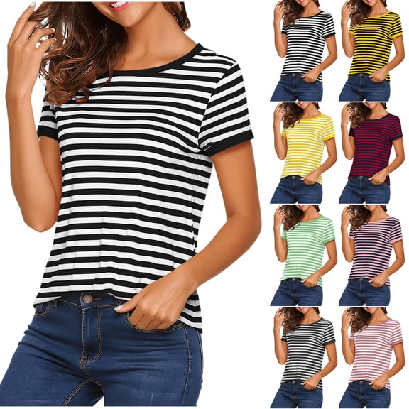 Paiwinds Women's Casual Striped T-Shirt, Short Sleeve Round Neck Tee, Comfy Cotton Blend Pullover Top for Daily Wear