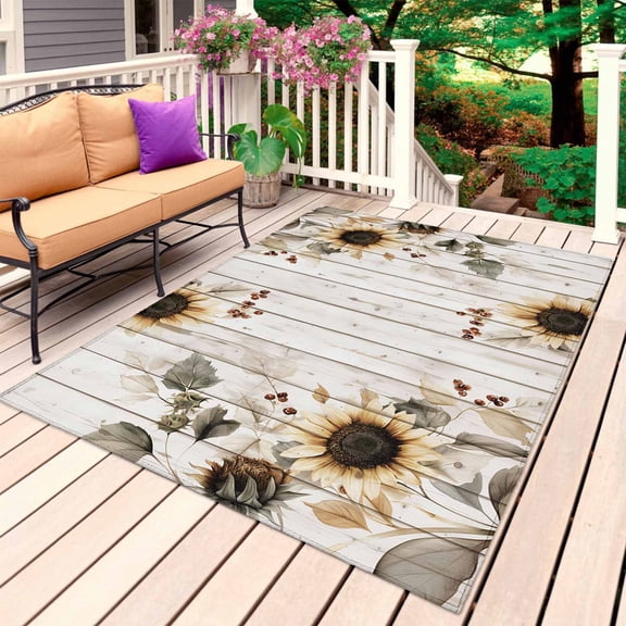 Vintage Sunflowers Outdoor Rug for Patio/Deck/Porch, Non-Slip Large Area Rug 3 x 5 Ft, Farmhouse Flowers Wooden Grain Indoor Outdoor Rugs Washable Area Rugs, Reversible Camping Rug Carpet Runner