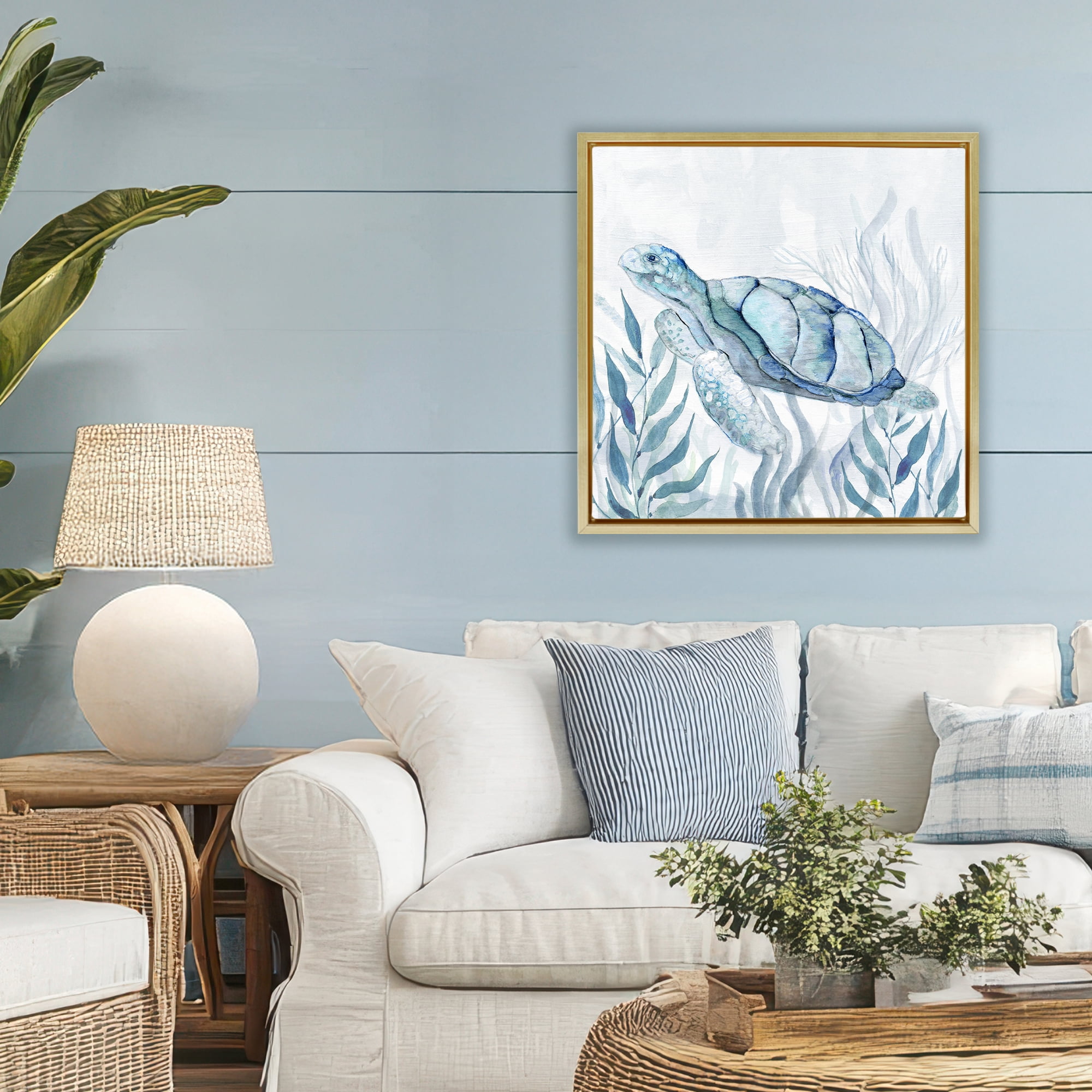 Stupell Industries Sea Turtle with Subtle Smile Gold Framed Floater Canvas Wall Art, design by Janet Tava