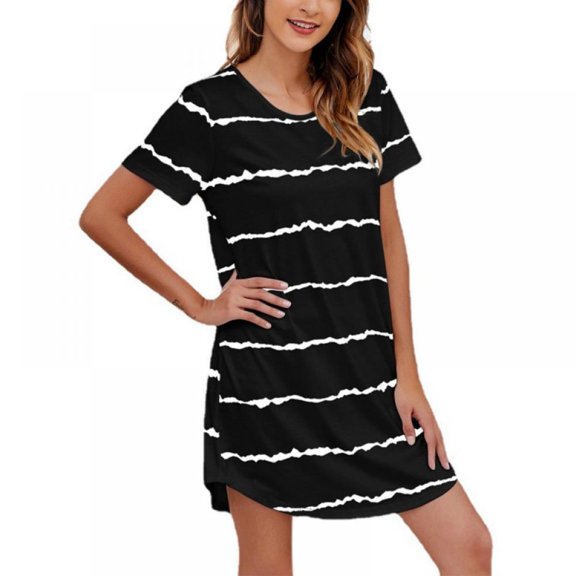 Big Saving! Women's Nightdress Sleep Short Sleepwear Sleeves Sleepshirt Stripes Nightshirt T-Shirt Nightgown S-XXL