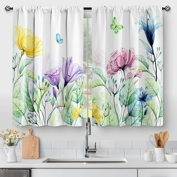 Floral Farmhouse Kitchen Curtains - Flower Leaves Cafe Tier Curtains Country Rustic Spring Botanical Plants Tulip Decor for Living Room Window Drapes 2 Panels 28"x36"
