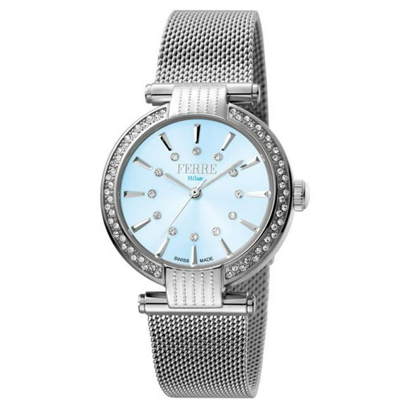 Ferre Milano FM1L096M0051 Montre pour Femme en Quartz Fabriqué en Suisse avec Bracelet Maillé Argenté et Cadran Bleu