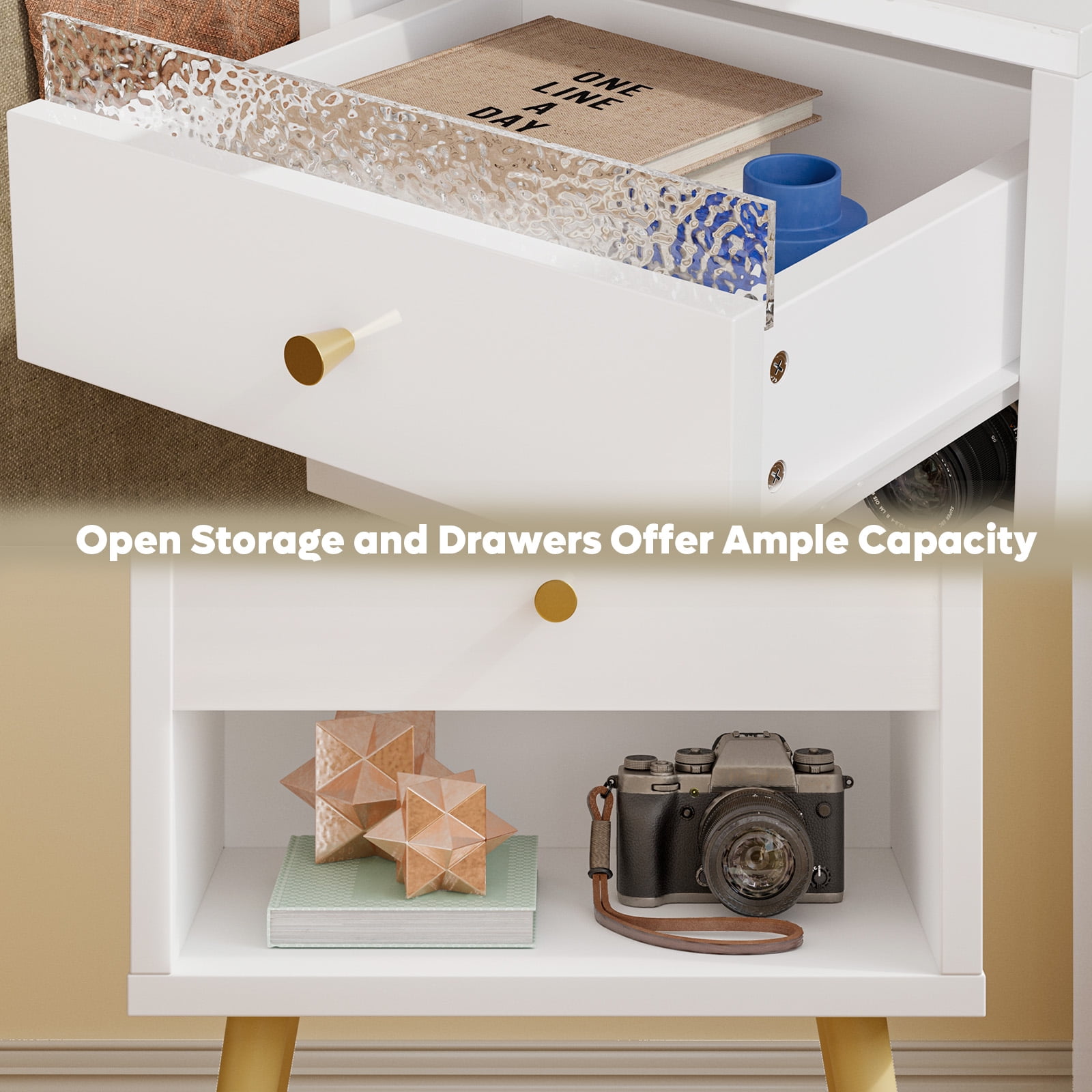 Pinmoco LED Nightstand with Charging Station, Modern End Side Table with Drawer and Open Storage for Bedroom, White
