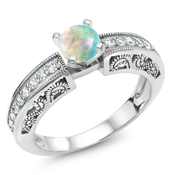 Gem Stone King 925 Sterling Silver White Simulated Opal Engagement Filigree Ring for Women (0.89 Cttw, Round Cabochon 6MM, Gemstone October Birthstone, Size 5)