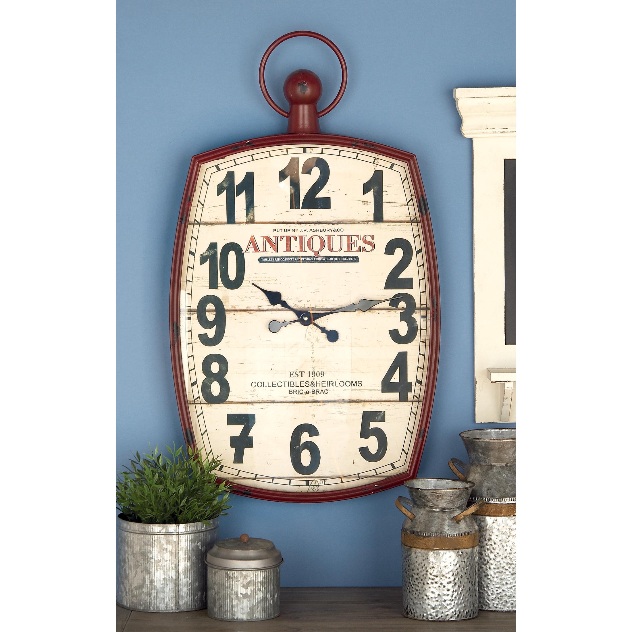 DecMode 19" x 33" Red Metal Finial Distressed Pocket Watch Inspired Wall Clock