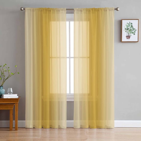 Yellow Ombre Semi Sheer Window Curtains 96 Inches Long, Farmhouse Yellow Gradient Modern Art Rod Pocket Voile Silky Chiffon Curtain Treatment Drapes for Kitchen, Living Room, 52"x96", 2 Panels