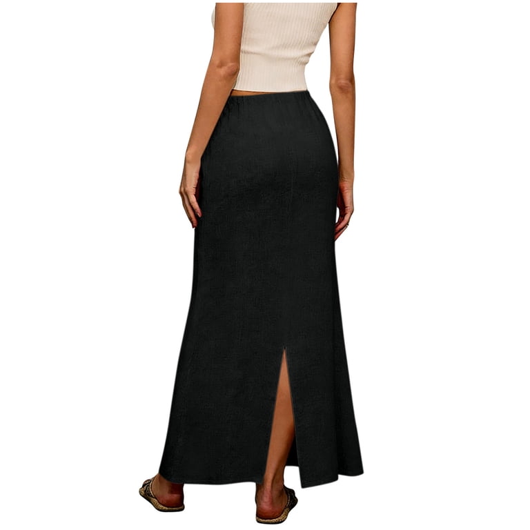 NXMZXB Linen Flared Maxi Skirt with Back Slit for Women - Elastic