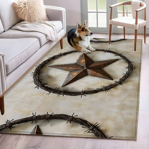 Texas Star Retro Area Rug 4x6 Washable Rug Non Slip Farmhouse Country Western Aesthetic Large Area Rug Indoor Floor Carpet for Entryway Bedroom Kitchen Living Room Home Office Dining Room Nursery