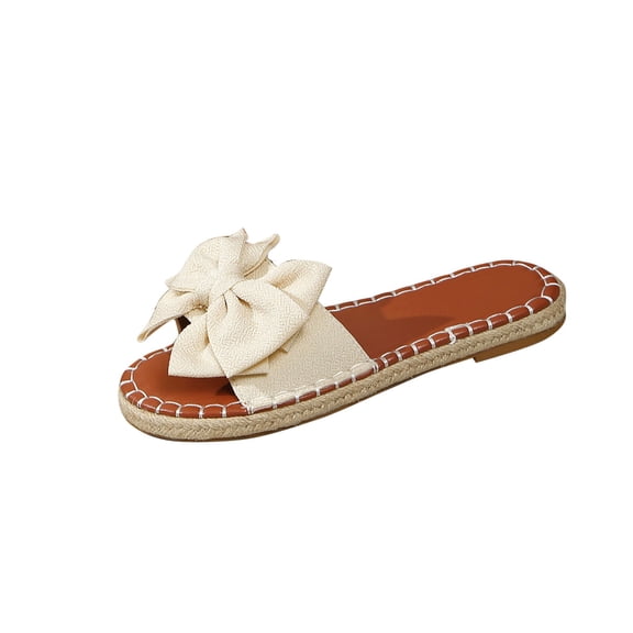 RUIYANQI Women's Bow Decor Slide Sandals Espadrille Flats Open Toe Comfortable Casual Walking Shoes Trendy Fashion Summer Beach Footwear for Outdoor Daily Wear White Women Sandal