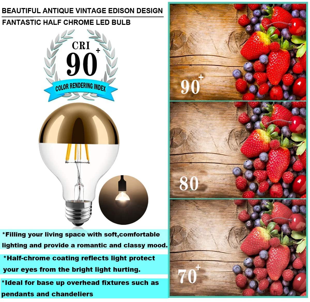 Half Chrome LED Light Bulb 6W(60W Equ.)Dimmable LED Edison Bulb G25 Gold Globe Decorative 2700K E26 (4 Pack)