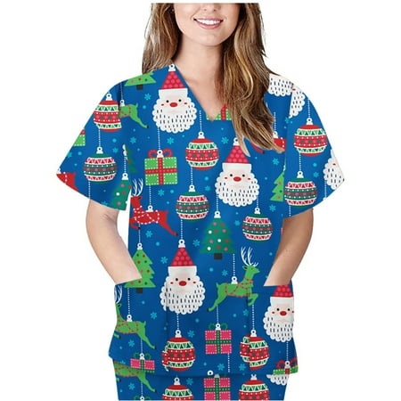 

Womens Christmas Scrubs T-Shirt Tops Casual V Neck Short Sleeve Nurse Uniforms Shirts Xmas Print Pocket Blouses