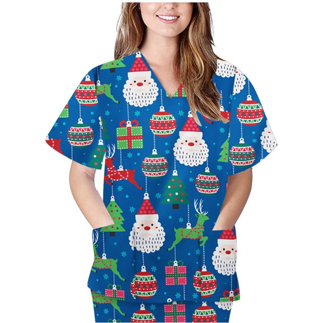 Puntoco Blusa de manga corta con cuello en V para mujer Uniforme de trabajo Navidad con bolsillos Blusa Puntoco Puntoco-225