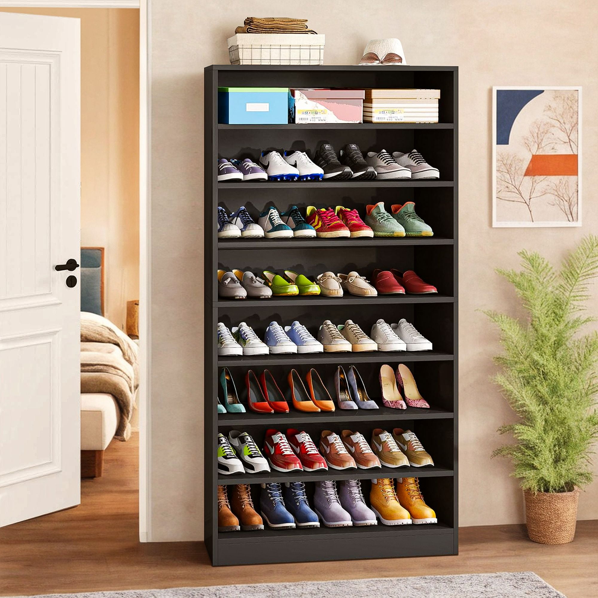 Demi Bonn Wooden Shoe Rack 9-Tier Shoe Storage Organizer Entryway Shoe Shelf, 40-45 Pairs Freestanding Shoe Cabinet, Black