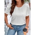 thumbnail image 3 of SOMER Plus Size Women Blouses Puff Sleeve Eyelet Knit Top Casual Summer Short Sleeve Crew Neck Loose Fit White, 3 of 7