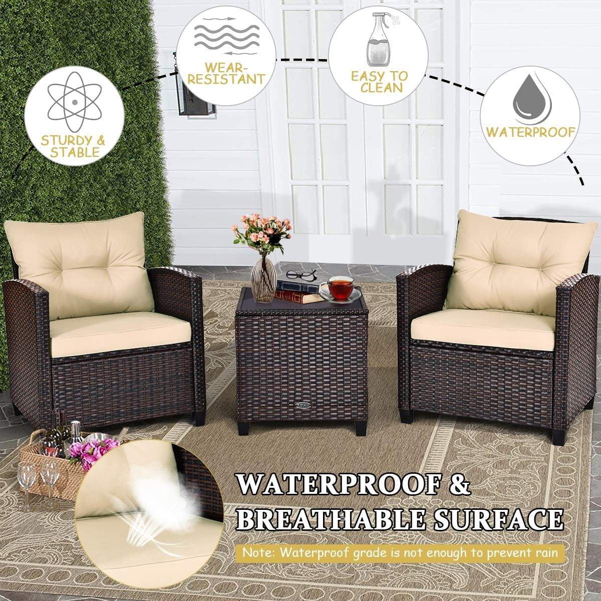 3-Piece Outdoor Patio Sofa Set with Washable Cushions and Tempered Glass Tabletop, Beige