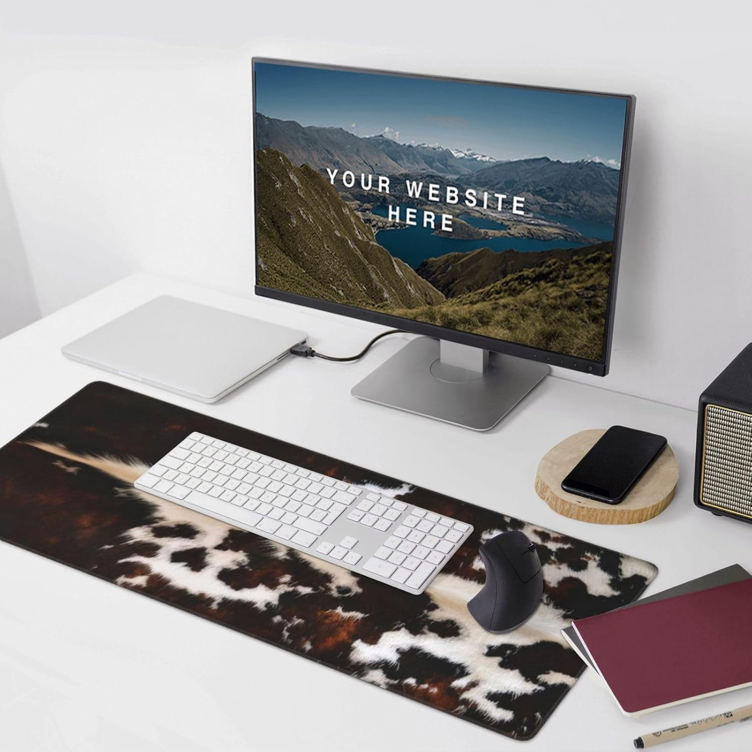 Gaming Mouse Pad, Large Non-Slip Rubber Base Mousepad, Keyboard Mouse Mat, Desk Pad with Stitched Edges,35.4x15.7inch, Brown Cowhide