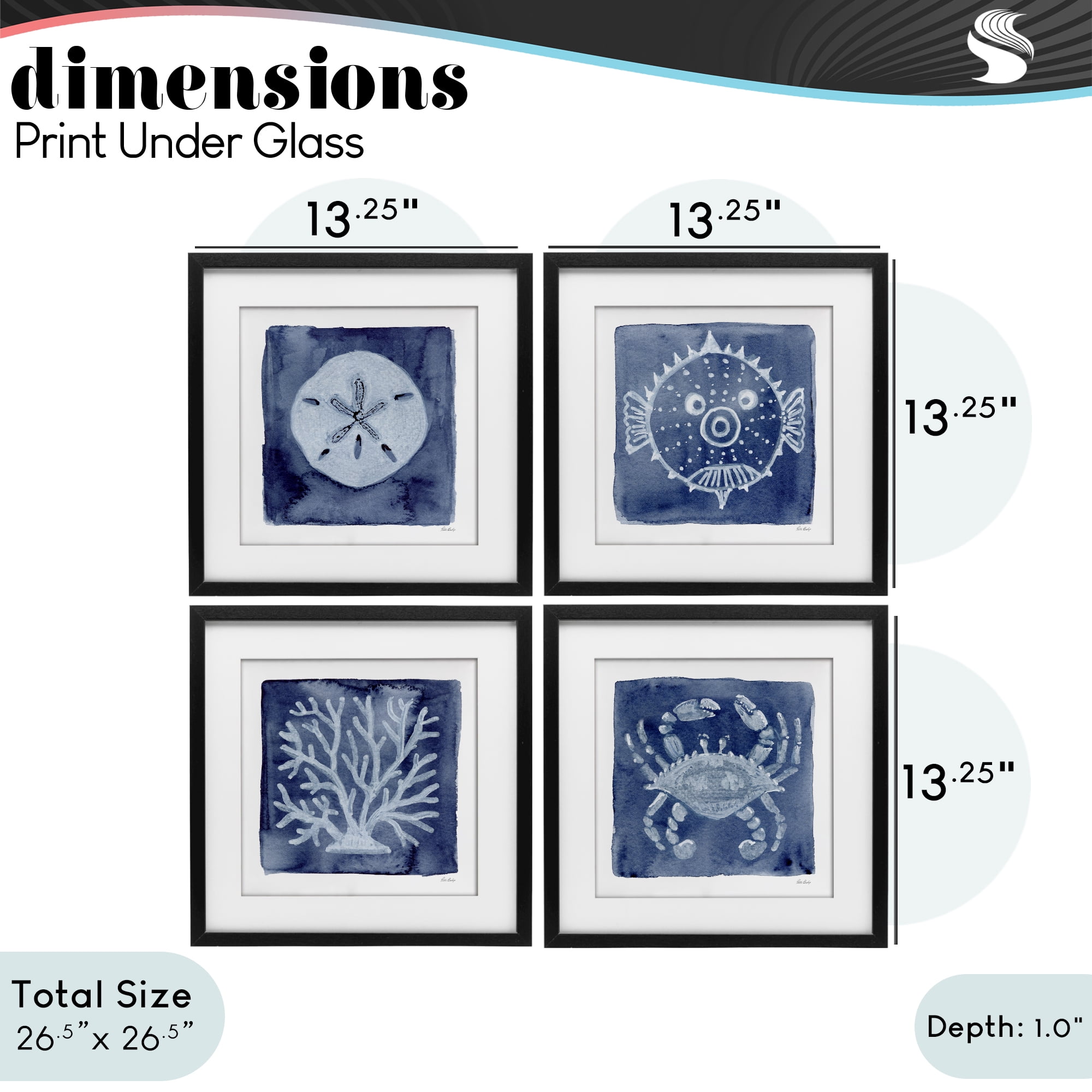 Stupell Industries Aquatic Creatures on Indigo 4 Piece Black Framed Print Under Glass Set, design by Patti Bishop