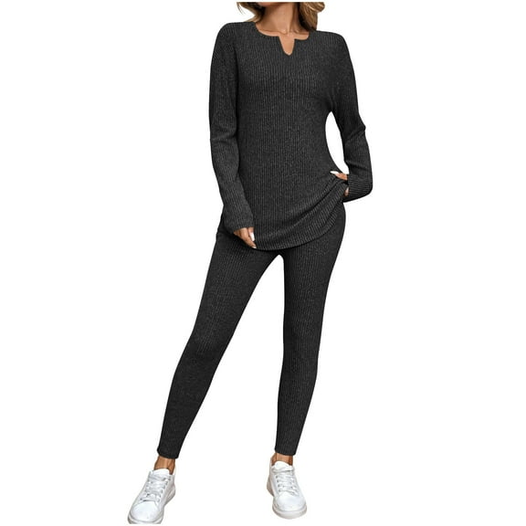 Cadancy Matching Sets Women Clothing Fall Knitted V Neck Long Sleeve Tops High Waist Leggings Pants Lounge Outfits Set Comfy Solid Workout Sweatsuit 2025