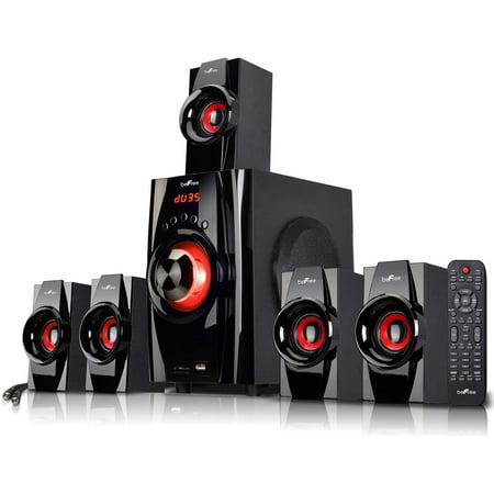 beFree Sound 5.1 Channel Surround Sound Bluetooth Speaker System in Red – Wireless, High-Powered Home Audio for Movies, Music, and Gaming