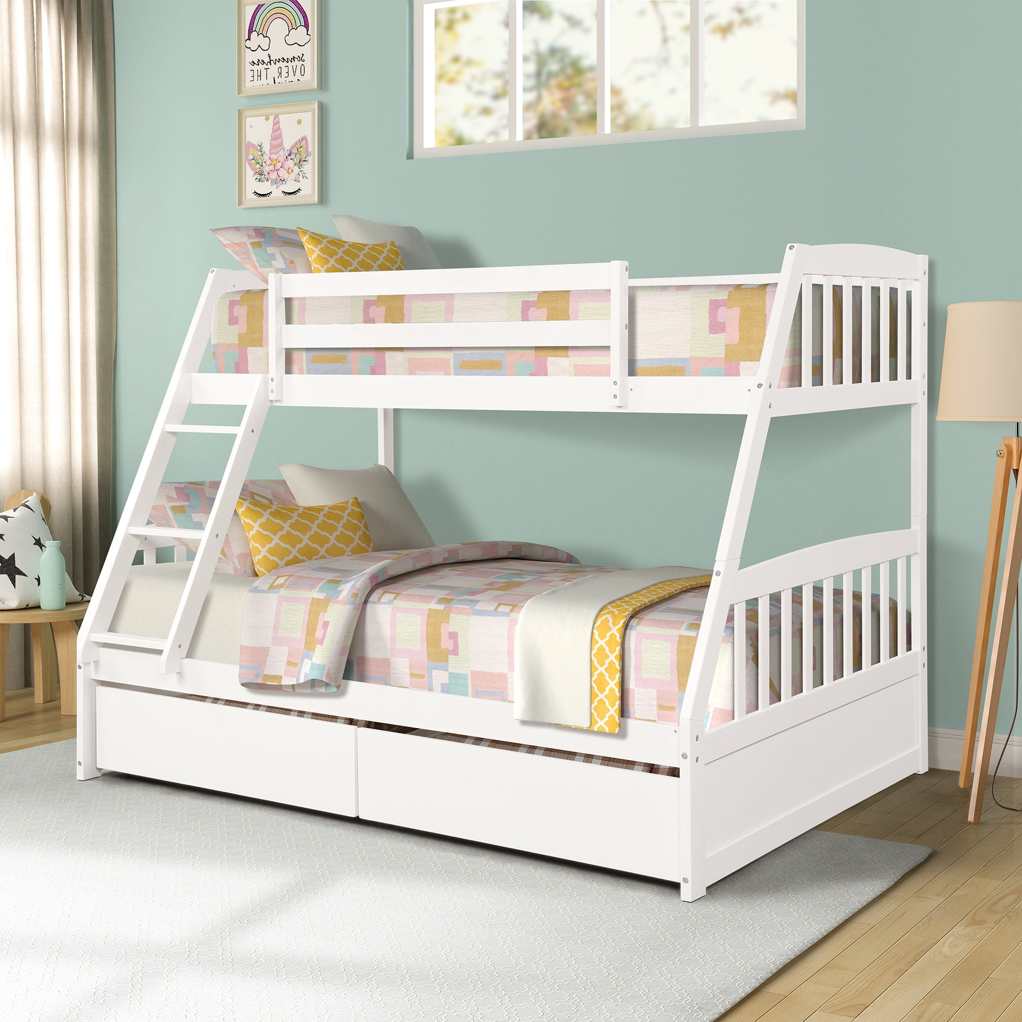 Wooden Bunk Bed Frame, Modern Sturdy Bunk Bed, Twin over Full Bunk Beds with Removable Ladder, 2