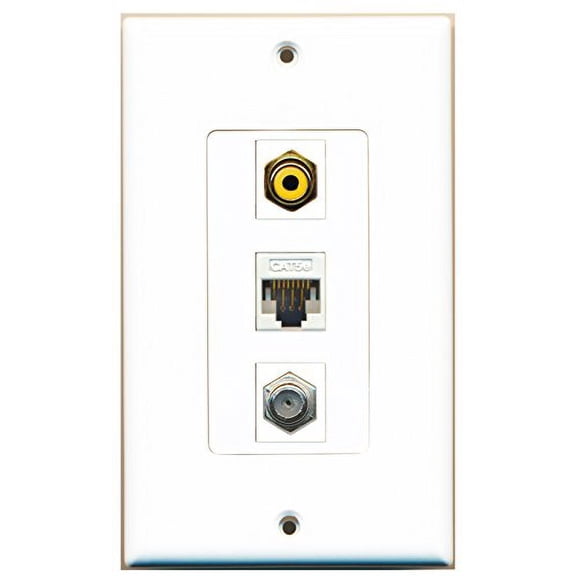 RiteAV - 1 Port RCA Yellow and 1 Port Coax Cable TV- F-Type and 1 Port Cat5e Ethernet White Decorative Wall Plate