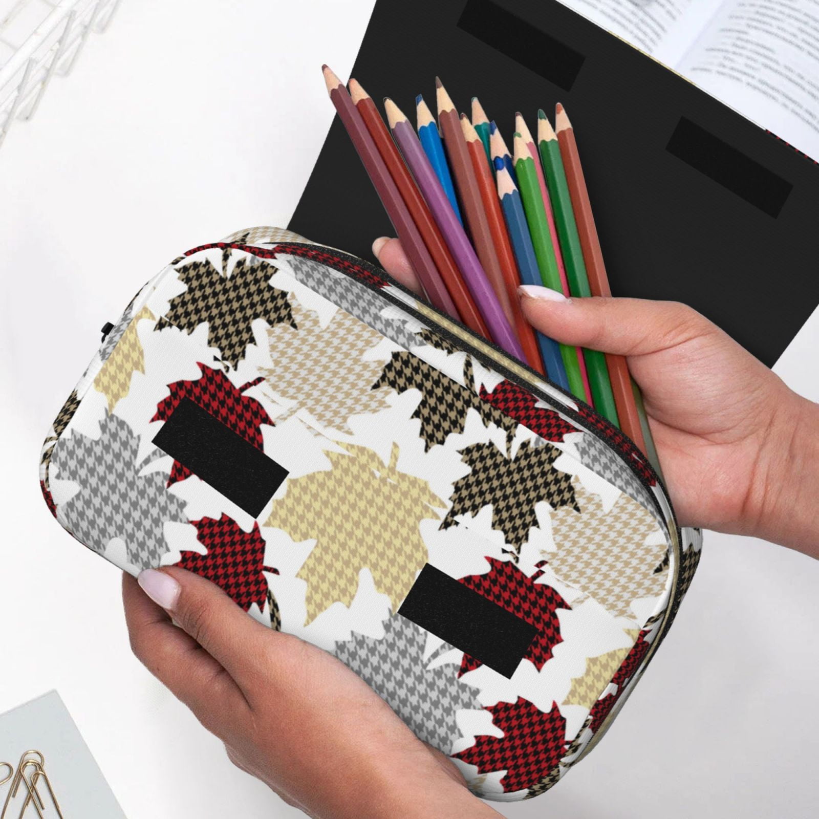 Rateoe maple leaves Pattern Double Clamshell Pen Case, Storage Organizer with Two Zipper Compartments– Holds Up to 50 Pencils & Pens
