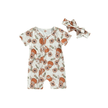 

Bagilaanoe Newborn Baby Girl Boys Jumpsuit Print Short Sleeve Bodysuit + Headband 3M 6M 12M 18M Infant One Piece Romper