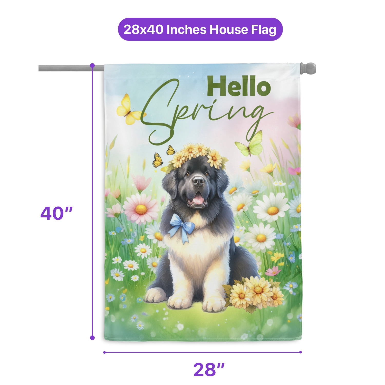 Newfoundland Hello Spring Time Flower Floral Nature House Flag 28x40in Double Sided Newfie Dog Lover Gifts Outdoor Decor - 02031