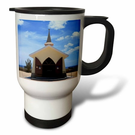 3drose, Photograph of the Small, Yellow Alto Vista Chapel in Noord, Aruba., 14oz Stainless Steel Travel Mug