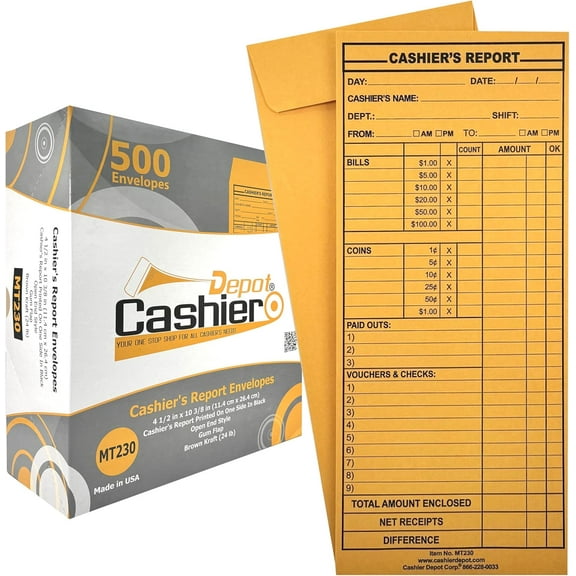 1000 Cashier Depot MT230 Cashier's Report Envelope, 4 1/2" x 10 3/8", Brown Kraft 24lb, 500/Box (1000 Envelopes)