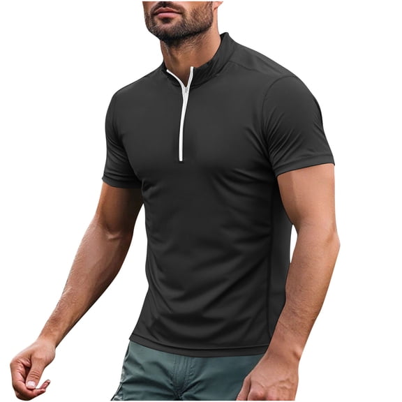 Qgtaibl Quarter Zip T-Shirt for Men Short Sleeve Gym Workout Tee Quick Dry Performance Running Athletic Shirt Summer Tops Black,S