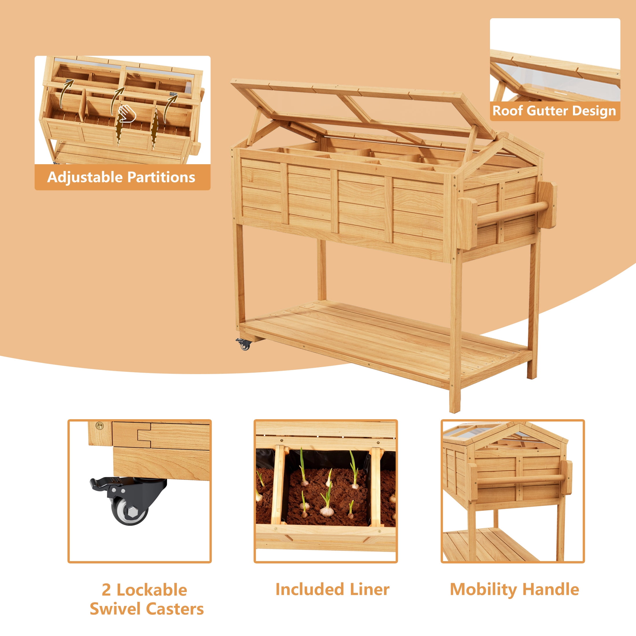 Mobile Raised Garden Bed, Elevated Wooden Planter Box Cart with Storage Shelf ,Cold Frame with Translucent PC Protection,Nature