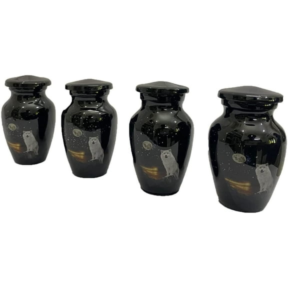 RUZIOON White Wolf Night Full Moon Urn Set of 4 Keepsake Cremation Urn for Human Ashes with Velvet Box & 4 Velvet Bag-Mini Keepsake Urn - Affordable Keepsake Urn (3 cu.in)