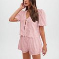 thumbnail image 2 of Camisas de Color Sólido para Mujeres Verano Manga Corta Cuello en V Cuello Delantero Corbata Camisa Pantalones Cortos Conjunto, 2 of 8